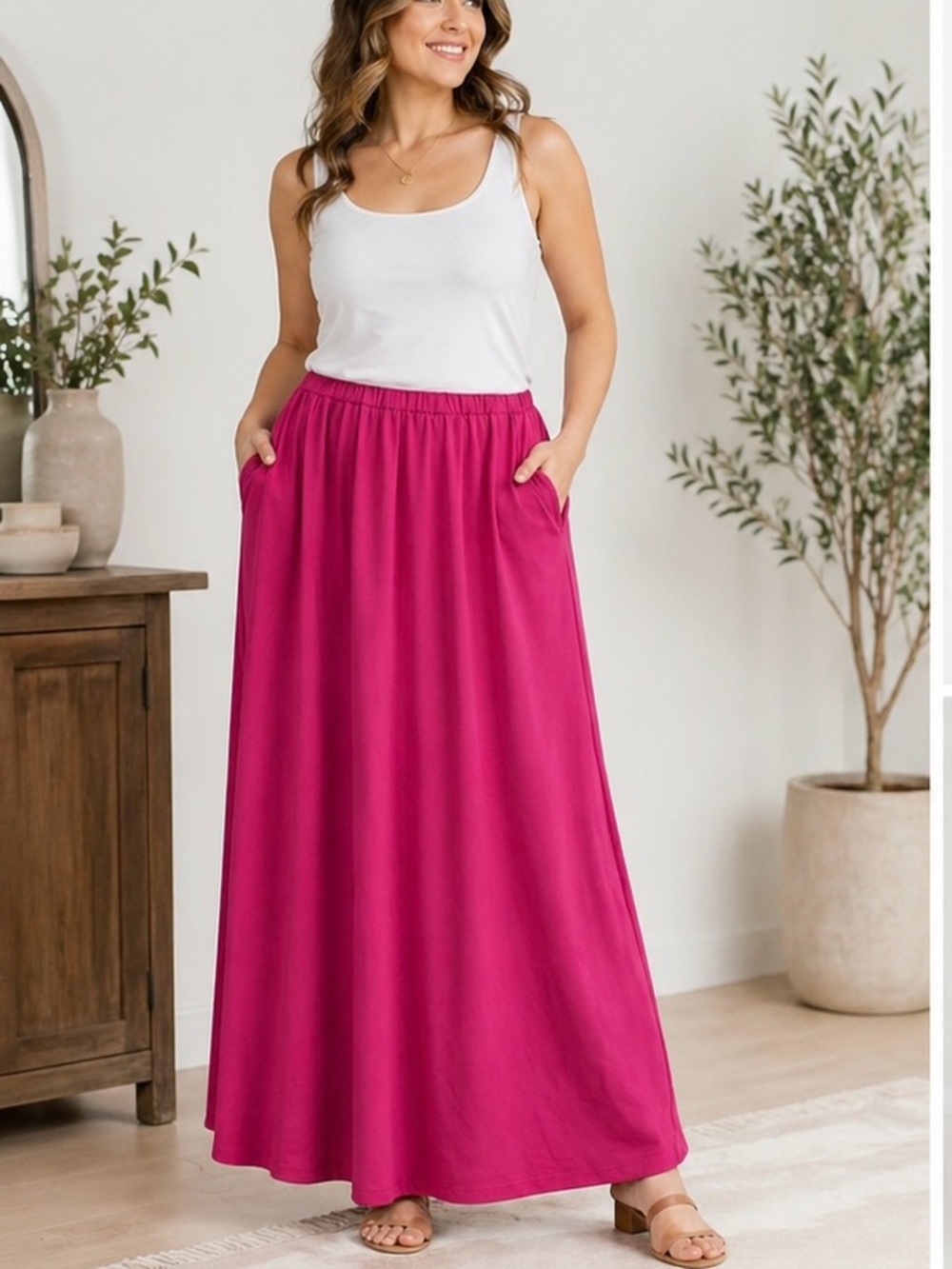 Hot Pink Maxi Skirt Pockets Soft Knit Pull On Lounge Casual Large Culture Code